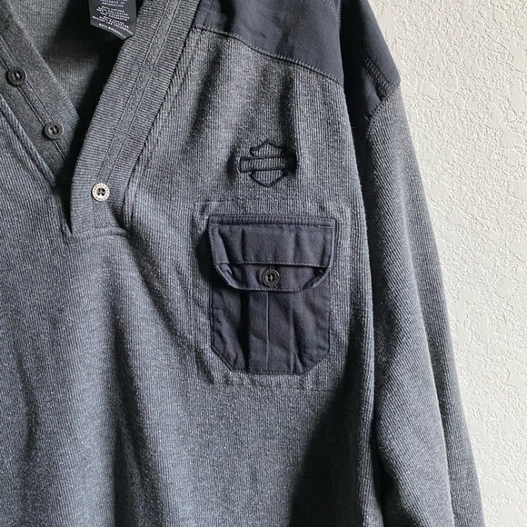 Harley Davidson Gray and Black Henley Long Sleeve 3 Button Pullover Sweater 2XL - Picture 6 of 16